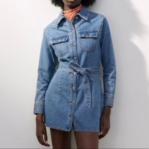 Zara Long Sleeve Button Front Denim Dress with Self-tie Belt Size Small - Picture 1 of 16